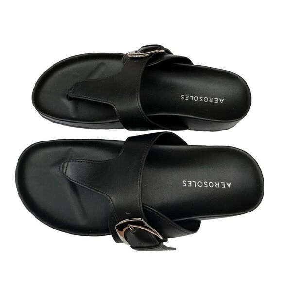 NWOT Aerosoles Flipflop Sandals Women's Size 7 Black Faux Leather Molded Footbed - Picture 6 of 9